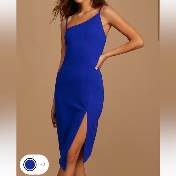 Royal Blue One Shoulder Asymmetrical Slit Midi Dress - Picture 1 of 3